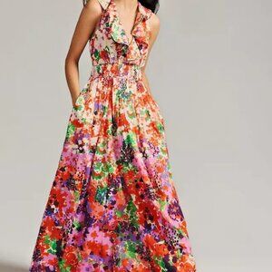 Maeve Sleeveless Ruffle V-Neck Botanical Maxi Dress - NWT - Size 12
